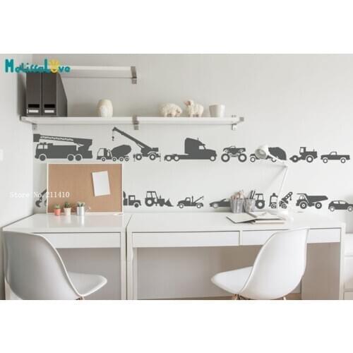 17pcs Construction Vehicles Baby Wall Decals Trucks Tractor Cars Excavator Bulldozer Crane Sticker Nursery Decor Vinyl YT5316