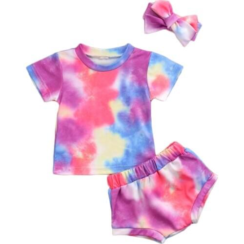 Baby Girl Clothes Set 6M-3T Gradient 2020 Summer Short Sleeve Casual T-shirt Tie Dye Shorts Outfits Headband Clothing 2PCs
