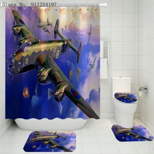 3D Combat Aircraft Plane 4PCS Shower Curtain Set Washable Bathroom Floor Rug Flannel Shower Room Carpet Anti Slip Foot Mat