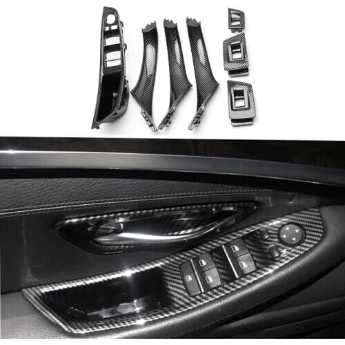 7pcs Interior Window Lift Switch Panel Door Handle Trim For BMW F10 F11 F18 5 Series 2010-2017 Carbon Fiber ABS Car Styling