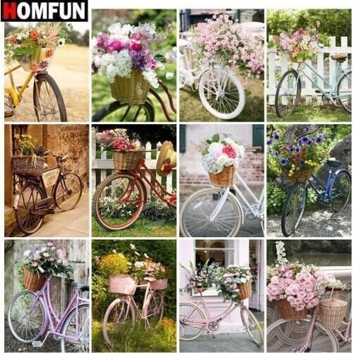 HOMFUN DIY 5D Diamond Painting "Bicycle flower landscape" Full Diamond Embroidery Sale Picture Of Rhinestones For Festival Gifts