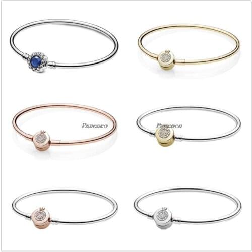 Authentic 925 Sterling Silver Bracelet Moments Sparkling Crown O Clasp Snake Chain Bangle Fit Bead Charm Diy Fashion Jewelry