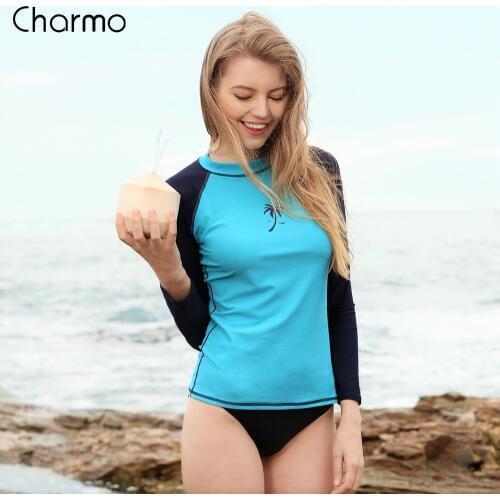 Charmo Women Rashguard Swimwear Long Sleeve Rash Guard Surfing Top Colorblock Swimsuit Biking Shirt UPF50+ surfing Beach Wear
