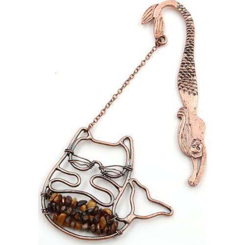 FYJS Unique Copper Mermaid with Wire Wrap Cute Cat Tiger Eye Stone Bookmark Pendant for Anniversary Gift Jewelry