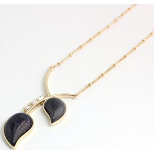 FYSL Light Yellow Gold Color Leaf Blue Sand Stone Pendant Link Chain Necklace Rose Pink Quartz Jewelry