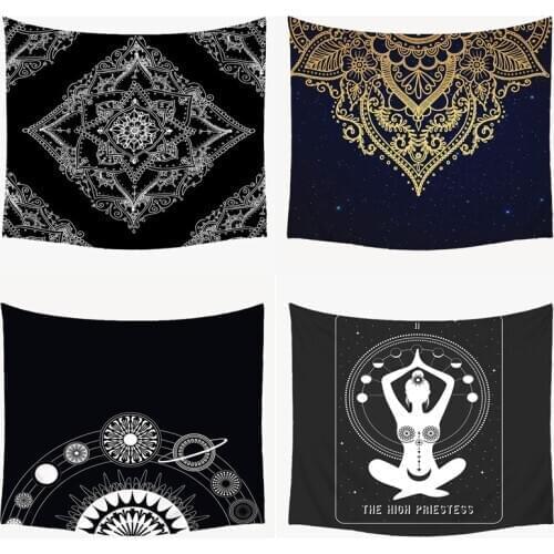Indian Buddha Statue Meditation Tapestry Wall Hanging Black Mandala Tapestries Wall Cloth Psychedelic Yoga Carpet Boho Decor