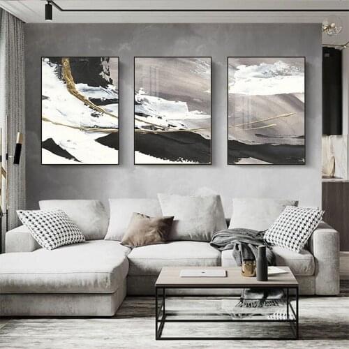 Modern Living Room Decoration Painting Abstract Graffiti Ink Scenery Black Water Geometry Golden Line Canvas Wall Picture Poster