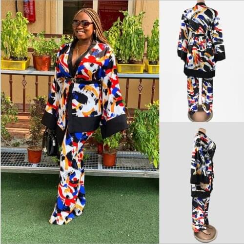 Fashion Women Colorful Printing Loose Two Piece Sets New Arrivals Lady Sexy V-neck Loose Coats Sashes High Waist Pants Outfits