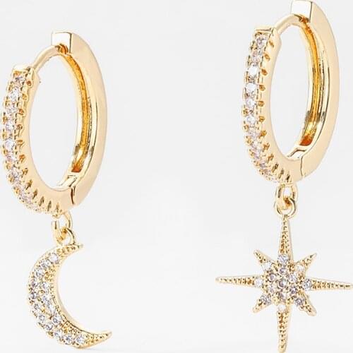 Stainless Steel Star Moon Hoop Earrings For Women Girls Asymmetrical Shiny Cubic Zircon Ear Studs Fashion Jewelry Accessories