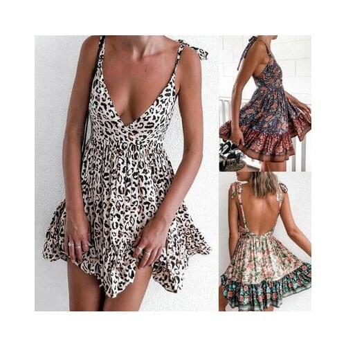 Plus Size Sexy Sling Deep V Neck Print Lace-up Dress Womens Elegant Flowers Leopard Print Open Back Sleeveless Mini Beach Dress
