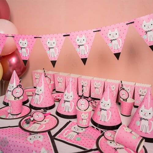 Pink Cartoon Cat Theme Birthday Party Decoration Supplies Tableware Paper Cup Plate Napkins Popcorn Box Baby Shower Kids Favors
