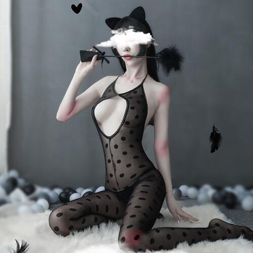 Sexy Lingerie Bodystocking Women Thin Open Crotch Dot Teddy Bodysuit Transparent Sex Costumes Female Latex Catsuit Nightwear