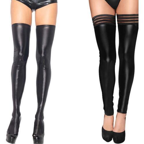 Sexy Black Faux Leather Fetish Wet Look Metallic Thigh-Highs Thigh High Stockings with Non-Slip Stay Up Plus Size