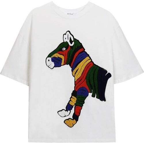 PERHAPS U Women Black White Applique Zebra Pattern Short Sleeve Tops O Neck Casual Loose T Shirt Summer B0503