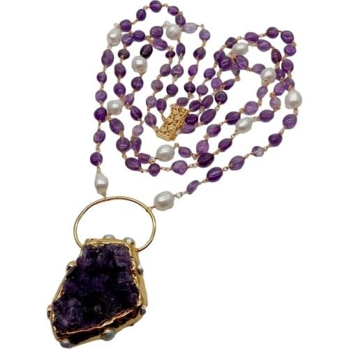 Y·YING Natural Freeform Amethysts White Pearl Rosary Chain statement Necklace Amethysts Druzy Rough Pendant 18"