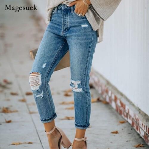 Women Ripped Hole Jeans Zipper Washed Denim Jeans for Women Skinny Jeans Ladies Ankle-Length Pencil Pants Do Old Pants 16216