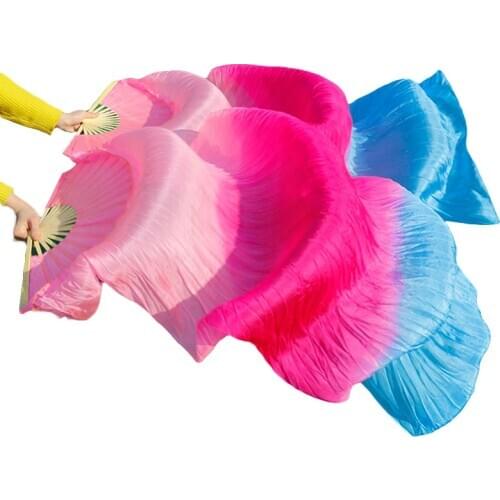 100% Real Silk Belly Dance Fans 1Pair Left+Right hand Handmade Dyed Silk Belly Dance Fans Dance Pink+Rose+Turquoise 180x90cm Fan