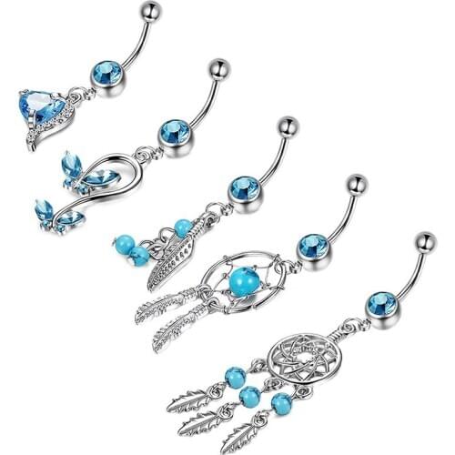 5Pcs/Set Stainless Steel Blue Crystal Dream Catcher Belly Button Ring Navel Piercing Jewelry Body Jewelry