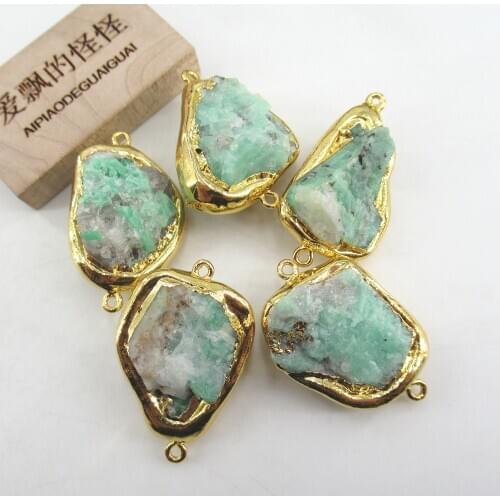 APDGG 5 PCS Natural Green Emeralds Rough Raw Gold Plated Connector Jewelry Making DIY