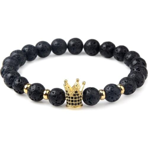Gold Color Crown Black Lava Bracelets 8MM Natural Stone Fashion Simple Bracelets Classic Elastic Rope For Women Men