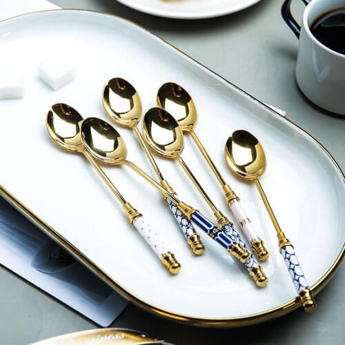 Stainless Steel Dessert Spoon Gold Coffee Milk Spoon With Ceramic Long Handle Ice Cream Fruit Cake Spoon Honey Stirring Spoons