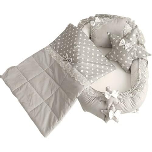Bebekatölyesi Gray Ribbons Detail Babynest 4'lü Set Pique Quilt Star Pillow Head Pillow SOFT COTTON TURKIYE FREE FAST CARGO
