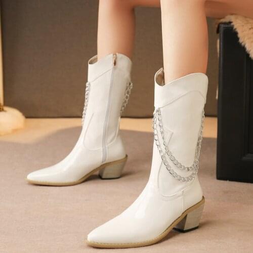Fashion Lady Western Boots Street Metal Chain Lady Patent Leather Pointed Toe Mid-Calf Boots Thick Heel Solid Color Zipper Shoes