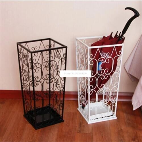 Fashion European Style Household Elegant Metal Iron Art Umbrella Storage Bucket Holder Square Hollow Umbrella Barrel Stand Rack