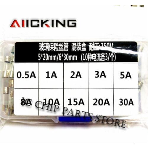 60PCS set 250V glass tube fuse mixed 0.5A 1A 2A 3A 5A 8A 10A 15A 20A 30A (6x30mm + 5*20mm) fuse mixed classification packaging
