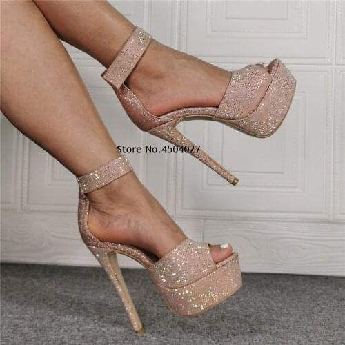 New Summer Women High Heels Wedding Party Sandals Open Toe Ankle Strap Thin Heel Platform Rhinestone Shoes