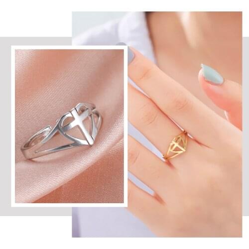 Teamer Stainless Steel Love Heart Wedding Ring for Women Girls Christian Cross Rings Adjustable Jesus Jewelry Accessories Gifts
