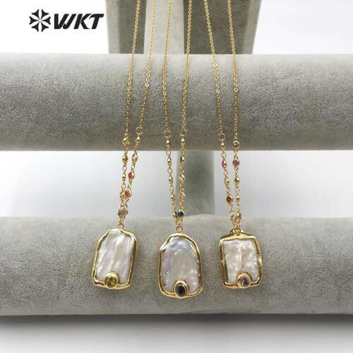 WT-MN956 WKT Natural Pearl Necklace Pearl With Cubic Zirconia Pendant Gold Electroplated Necklace Women Elegant Necklace Jewelry
