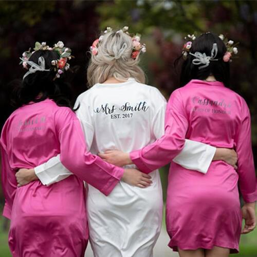 Personalized name date wedding Bride Bridesmaid satin pajamas robes bridal shower kiminos Dressing Gown gifts party decorations