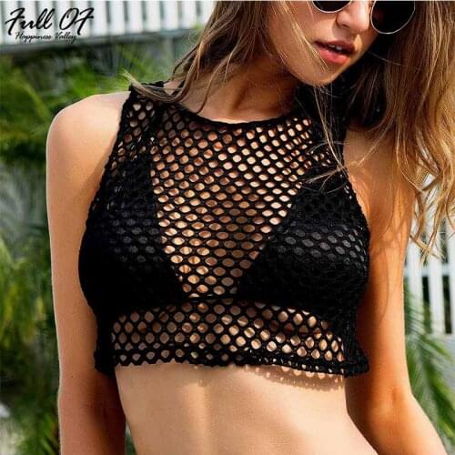 Sexy Mesh Hollow crop top women black red White Summer shirt Lace halter beach tank top Nightclub party cropped streetwear vest