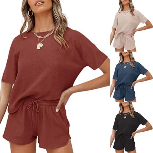 2021 Womens Pajamas Solid Rib Short-Sleeve T-Shirt Pants Suit Household Casual Two Pieces Set Female Bed Wear for Summer Autumn