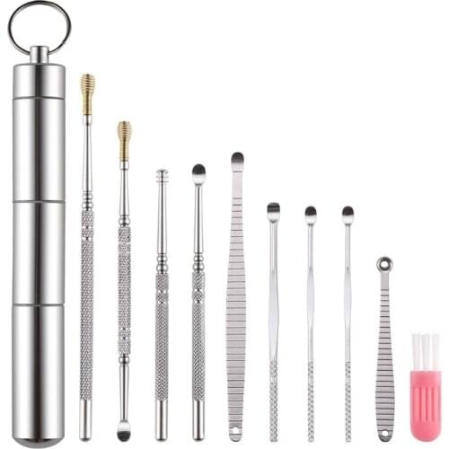 Portable 10-in-1 Ear-picker Earwax Removal Kit Mini Stainless Steel Spoons Ear Care Tool with Cleaning Brush Storage Box
