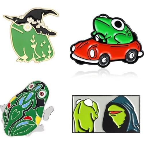 Cartoon frog Enamel Pin Frog driving a sports car Magic frog Lapel Pin Iron sheet Jumping Frog Childlike jewelry Badge gifts kid