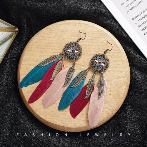 Retro Circular Painting Oil Leaf Earrings Sunflower Long Feather Earrings Female Ethnic Style Jewelry