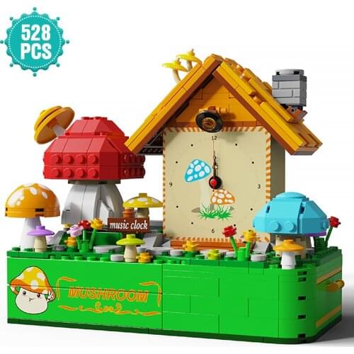 Technical Ideas Music Box Series Building Blocks Mushroom House Clock Music Box Bricks Assembly Toys Gift For Children