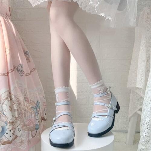 Kawaii Lolita Shoes Flower Cross Buckle Bow Sweet Student Round Head Middle Heel Loli Shoe Jk Uniform Female Summer Cosplay Goth