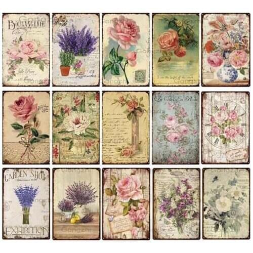 Flowers Rose Vintage Shabby Metal Tin Sign Artistic Iron Painting Indoor Home Living Room Decor Garden Wall Art Tin Plaque