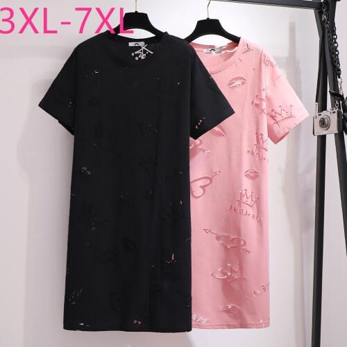 2021 new summer plus size tops for women loose casual short sleeve cotton black pink hollow out long T-shirt 3XL 4XL 5XL 6XL 7XL