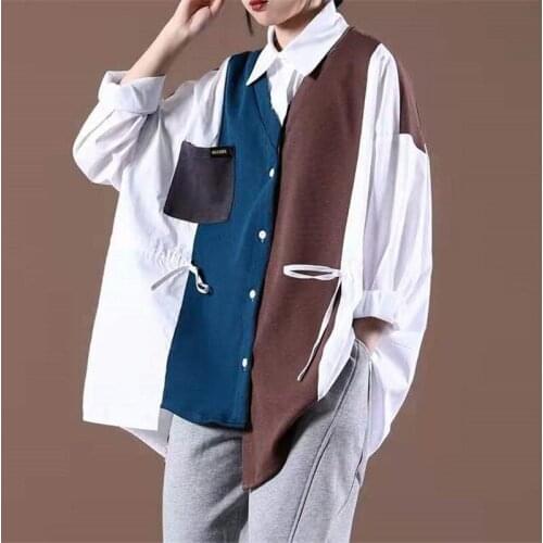 British Style 2021 Autumn New Womens Contrast Stitching Shirts Loose Vasual Oversized Street Style Female Knitted Top Trend e136