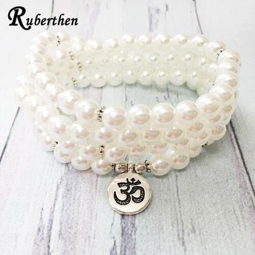 Ruberthen Fashion Women`s 108 Mala Bracelet High Quality Pearl Ohm Lotus Yoga Charm Healing Protection Balance Yoga Bracelet