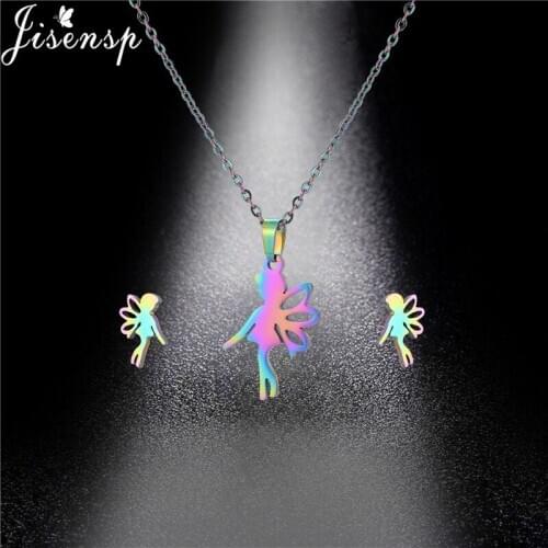 Jisensp Lovely Fairy Pendant Necklace and Earrings Colorful Beautiful Faery Stainless Steel Jewelry Sets for Women Daily Wear