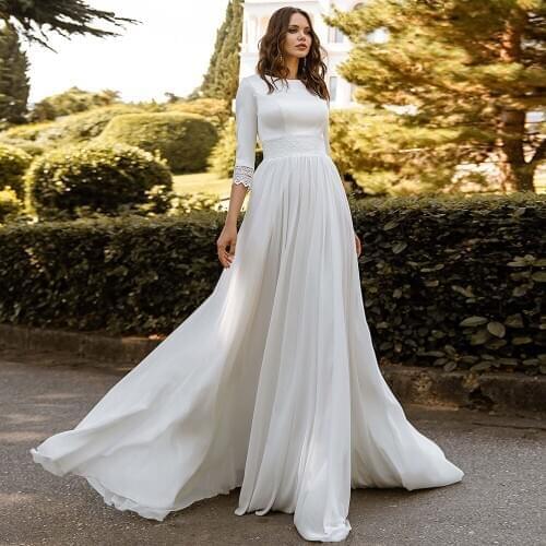 Simple Satin and Chiffon Bridal Gowns 2021 Elegant Three Quarter Sleeve O-neck A-line Wedding Dress Custom Made