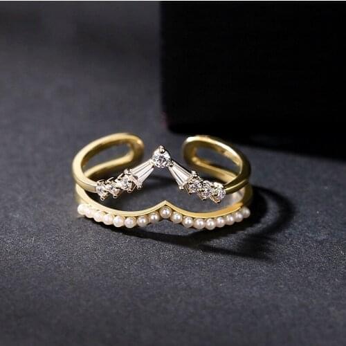 Fashion Gold Color Rings Imitation Pearl Heart Rings Womens Crown Ring Jewelry Engagement Party Accessories Free Shipping