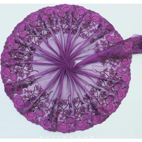 2yards Purple Rose Flower Mesh Lace Fabric Trims Embroidery Sewing DIY Wedding Decorative Dress Costume Accessories Wide 22CM
