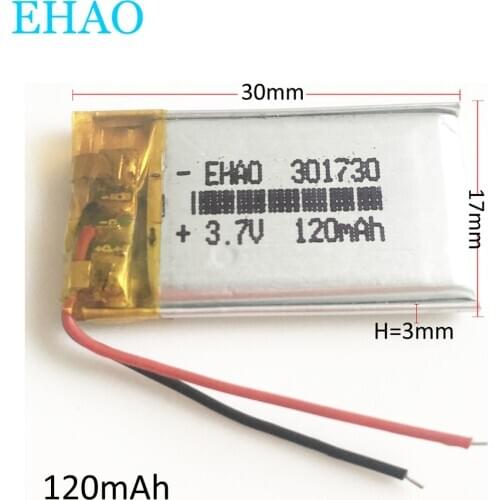 301730 3.7V 120mAh Lithium Polymer Li-Po li-ion Rechargeable Battery Handheld Navigator for Mp3 GPS bluetooth Camera 3*17*30mm