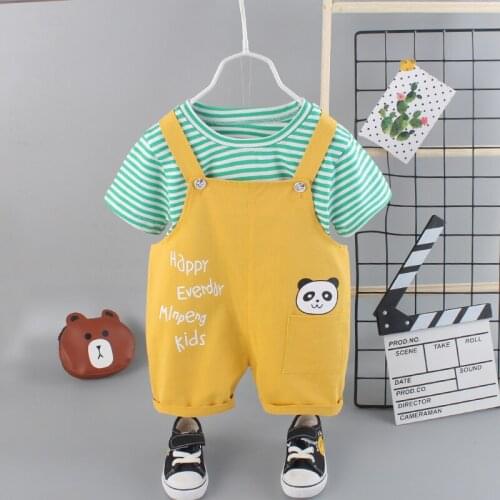 2021 New Children Clothes Suit Baby Boy Girl Strips T Shirt Cartoon Panda overalls Pants 2Pcs/set Kids Toddler Casual Tracksuits